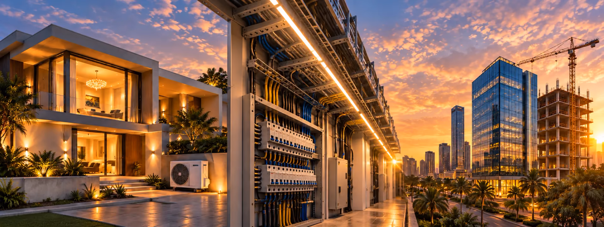 A lit villa with an AC unit, an electrical distribution board with cable trays, and a city skyline with a building under construction at sunset