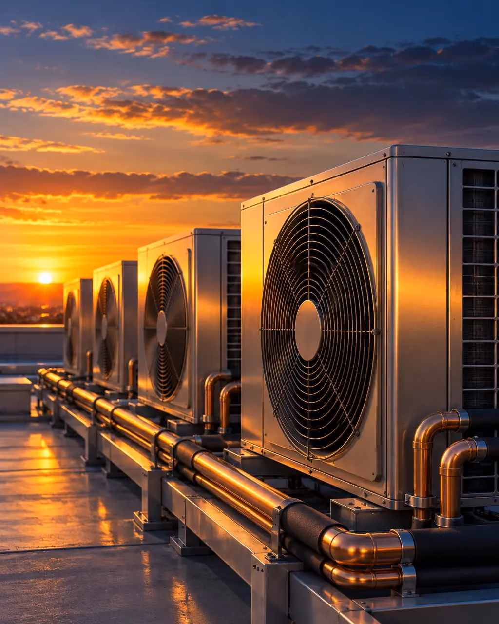 A row of air-conditioning condenser units on a rooftop at sunset