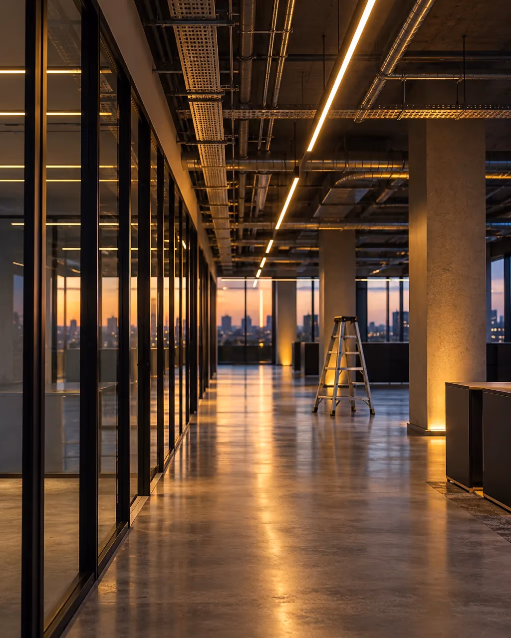 An office floor during fit-out with new cable trays and linear LED lights