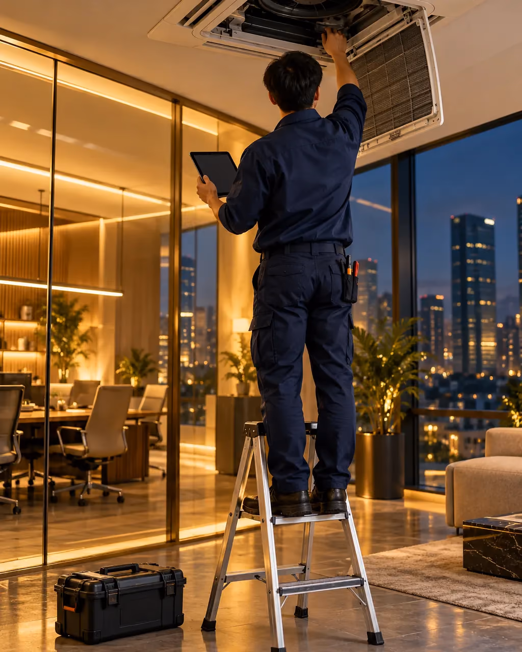 A technician servicing a ceiling cassette air-conditioning unit in an office