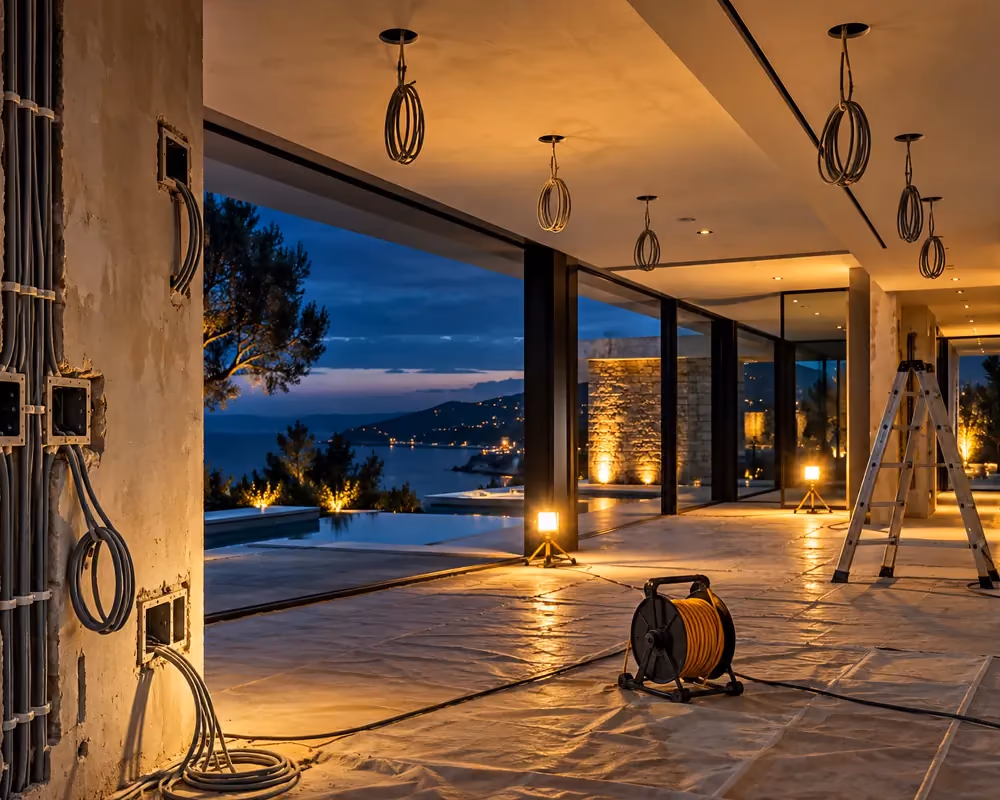 A villa interior during electrical fit-out with conduits, back boxes and cables ready for second fix